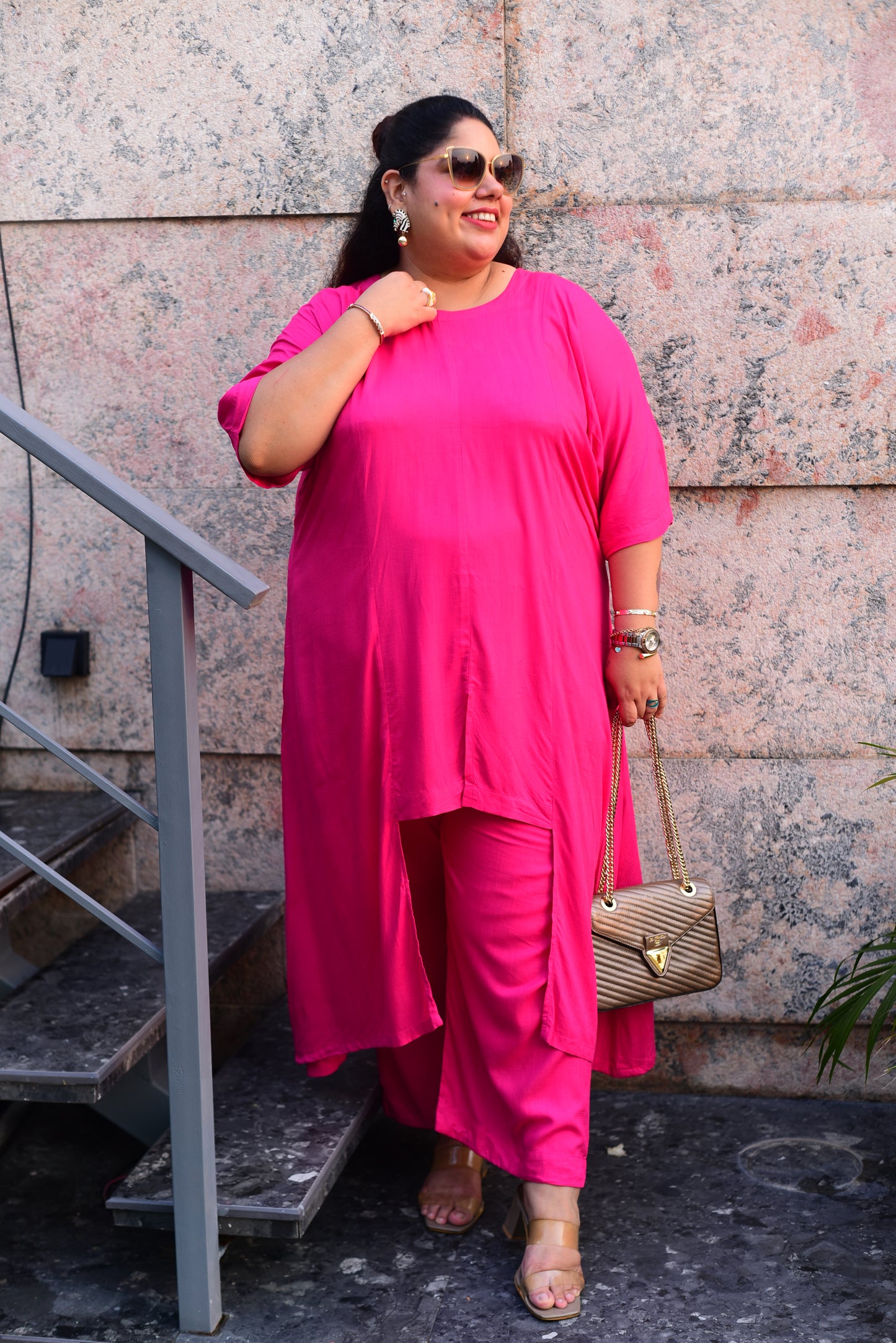 Magenta Hi-Low Kaftan Co-ord Set Relaxed Cotton Kurta & Palazzo