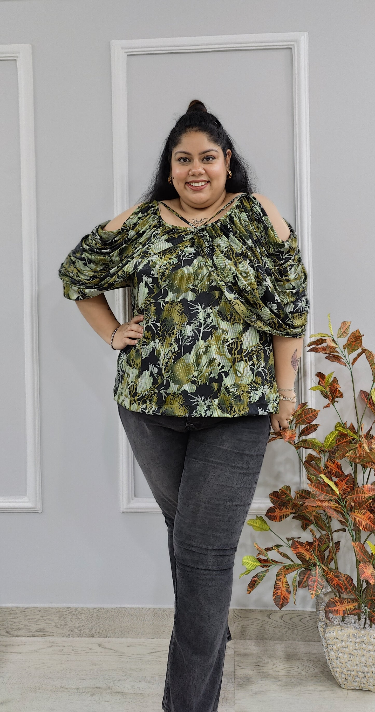 Black & Green Persian Snakeskin Drape Top Lycra Blend Designer