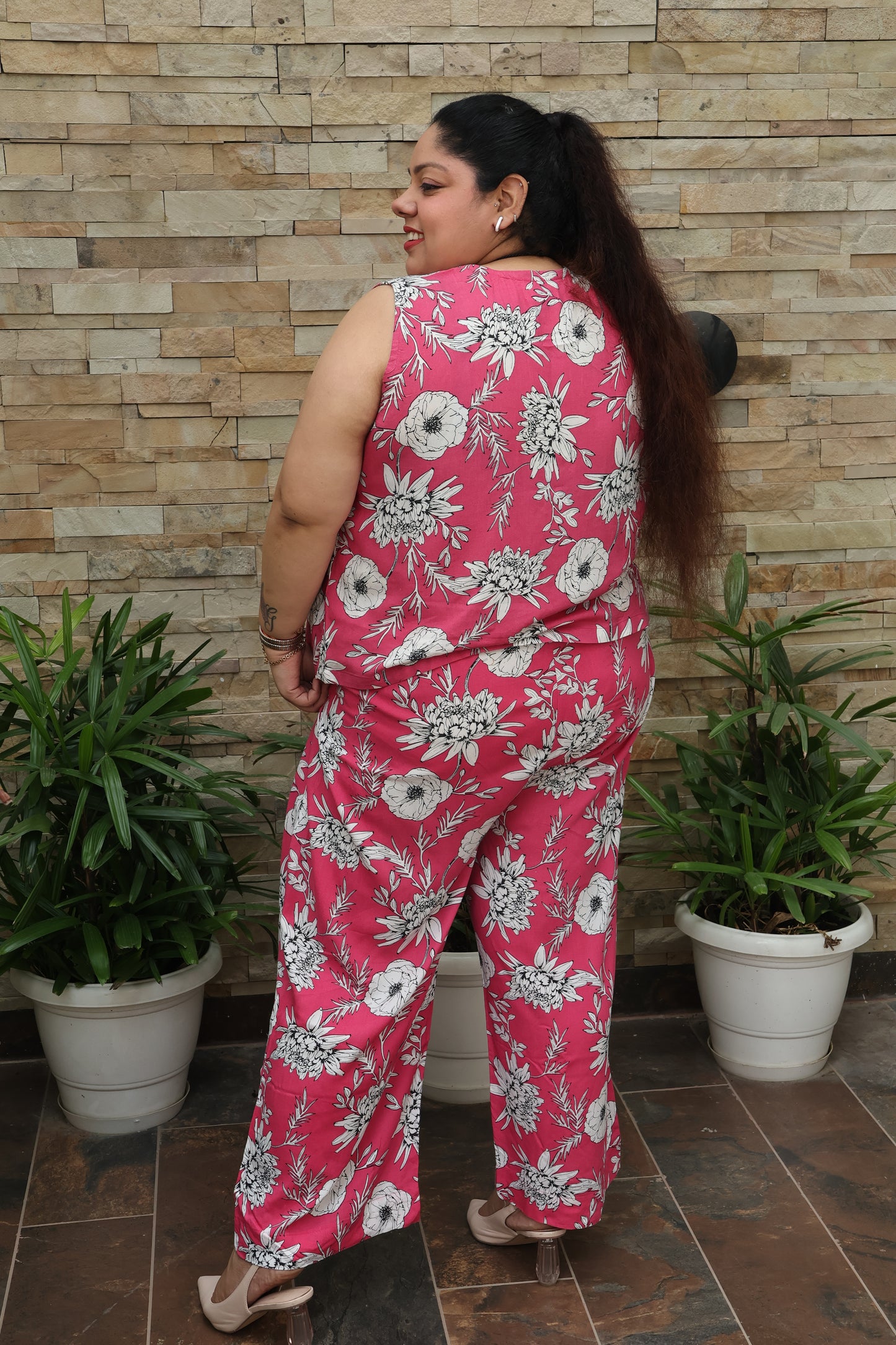 Pink Floral Overlap Co-ord Set Cotton Wrap Top & Straight