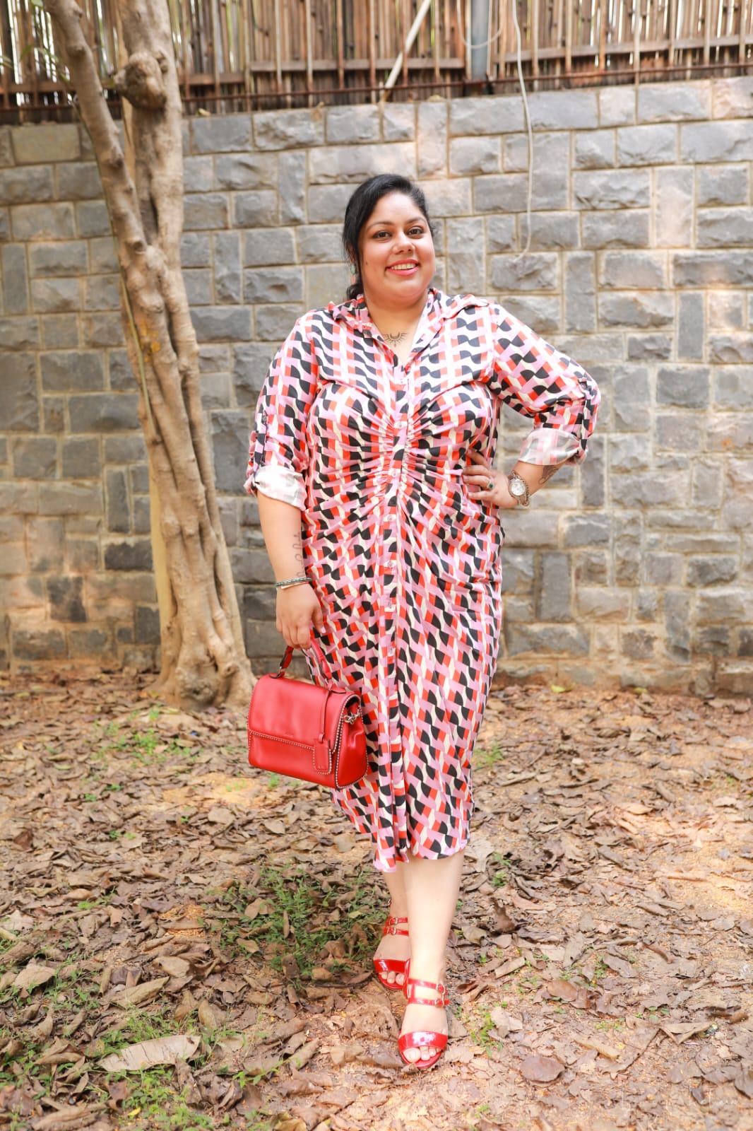 Red & Black Geometric Printed Ruched Dress – Cotton Button-Down Midi Dress for Women