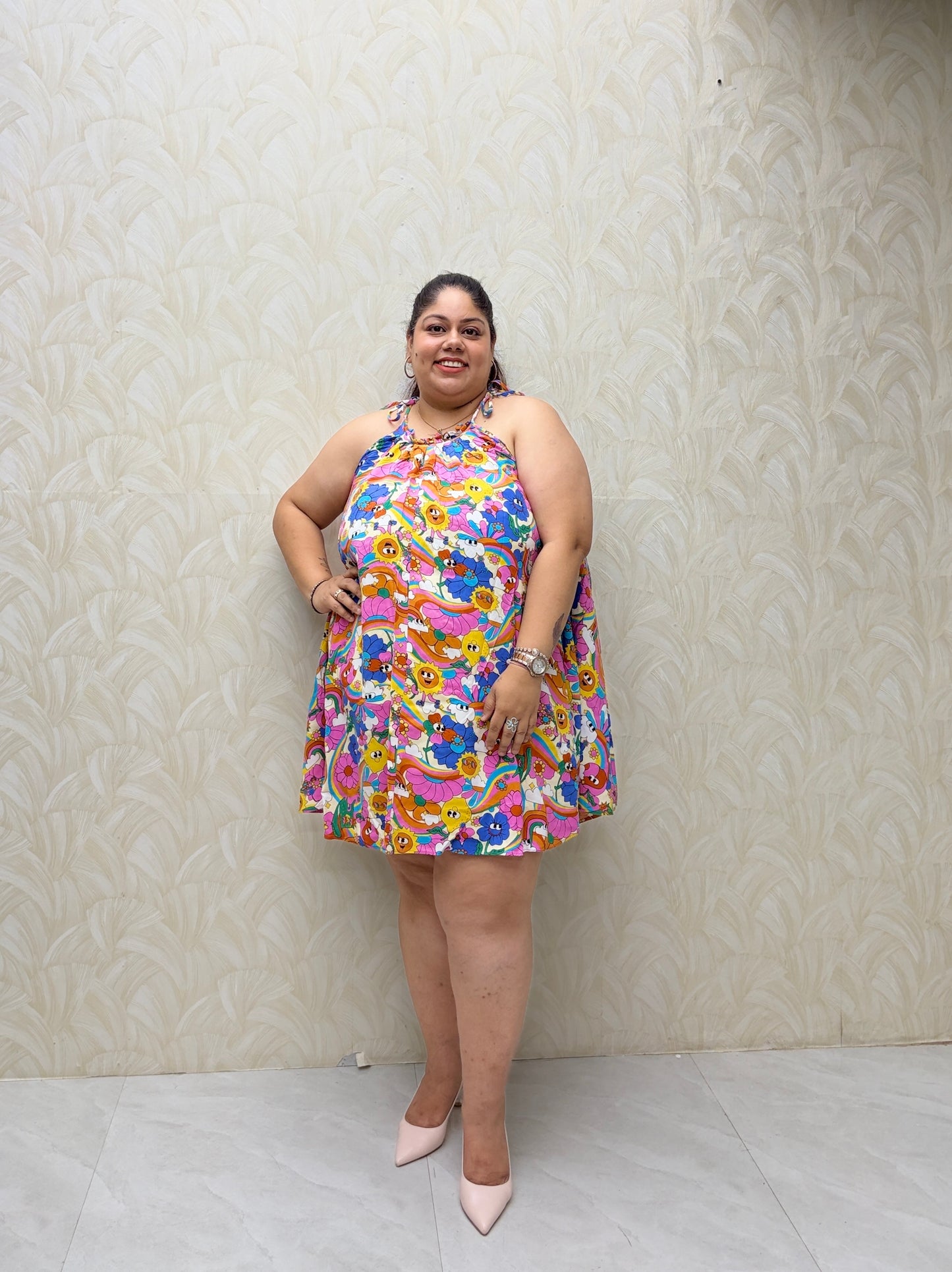 Cartoon Print Flared Cotton Tie-Up Mini Dress