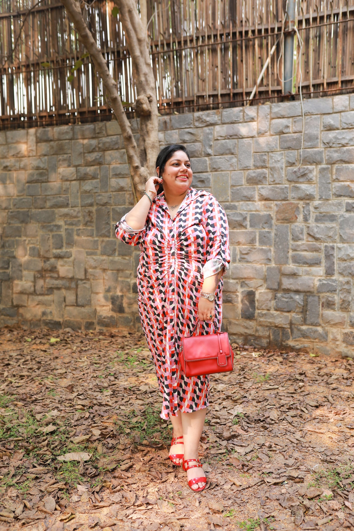 Red and Black Geometric Printed Ruched Dress