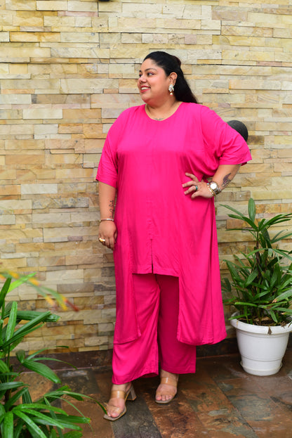 Magenta Hi-Low Kaftan Co-ord Set Relaxed Cotton Kurta & Palazzo