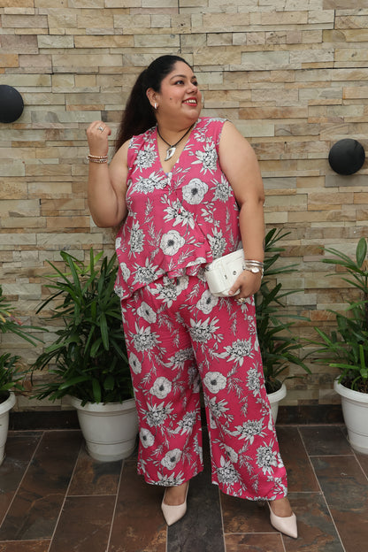 Pink Floral Overlap Co-ord Set Cotton Wrap Top & Straight