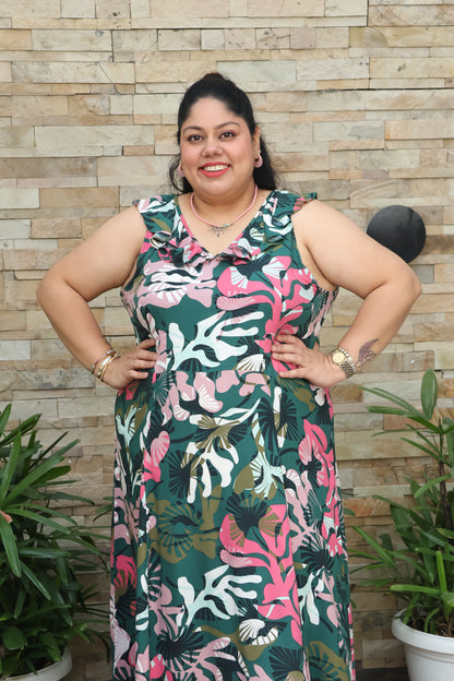 Tropical Ella Maxi Dress Cotton Flared Dress with Ruffle Neckline