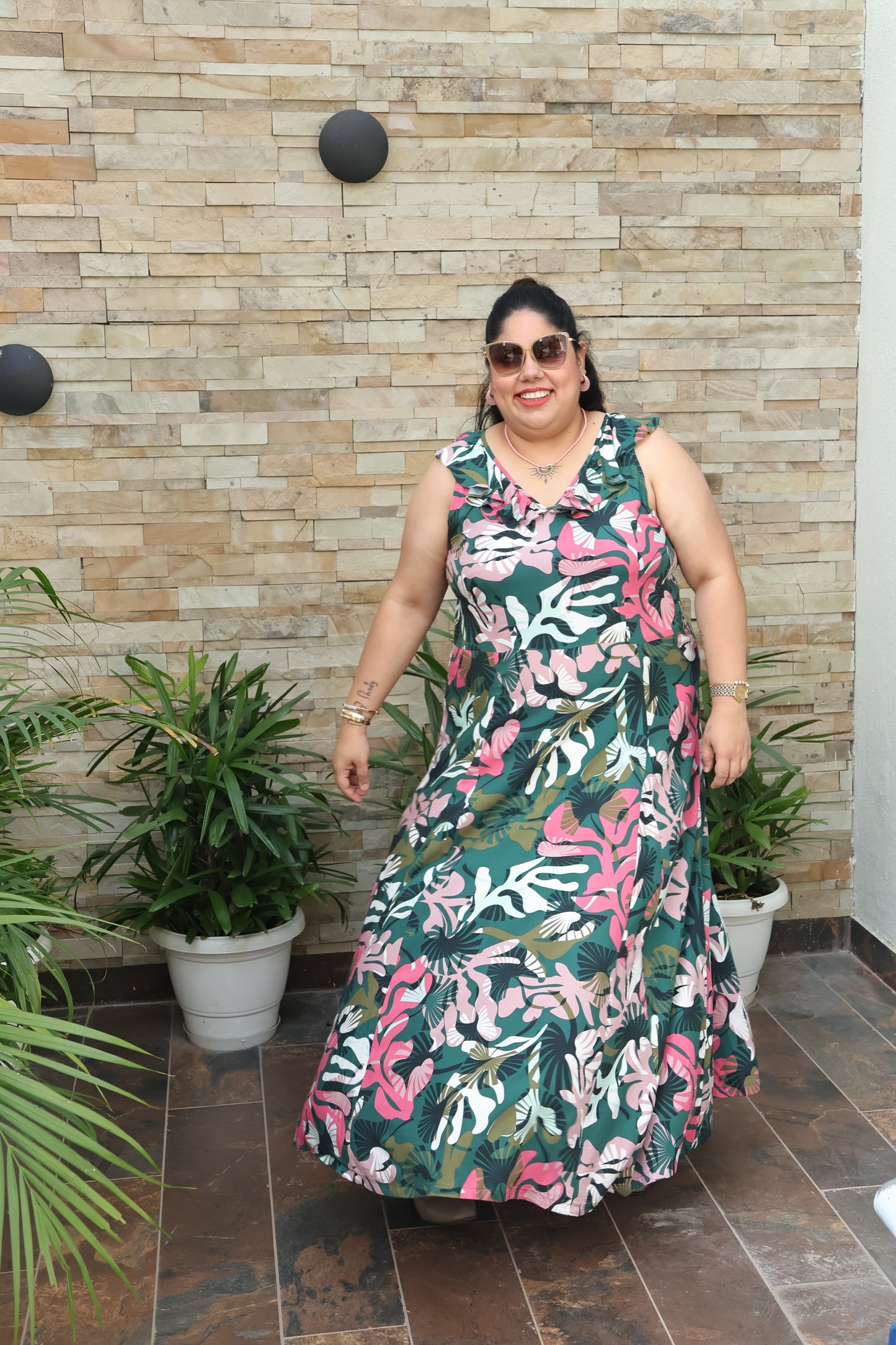 Tropical Ella Maxi Dress Cotton Flared Dress with Ruffle Neckline