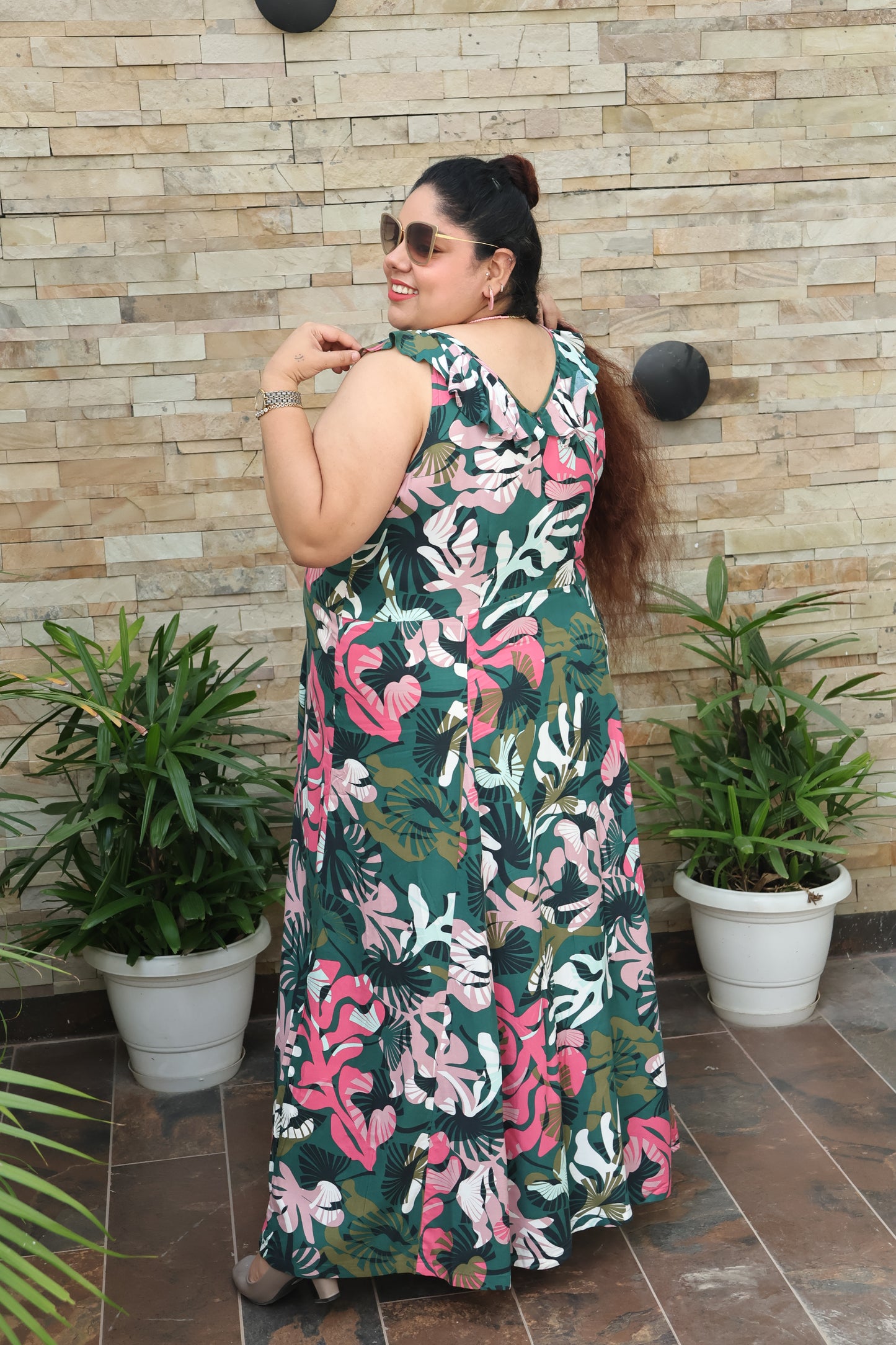 Tropical Ella Maxi Dress Cotton Flared Dress with Ruffle Neckline