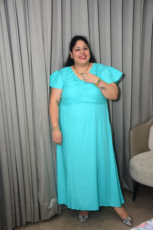 Firozi Ruched Cotton Maxi Dress – Puff Sleeve Flared Ankle Length Dress