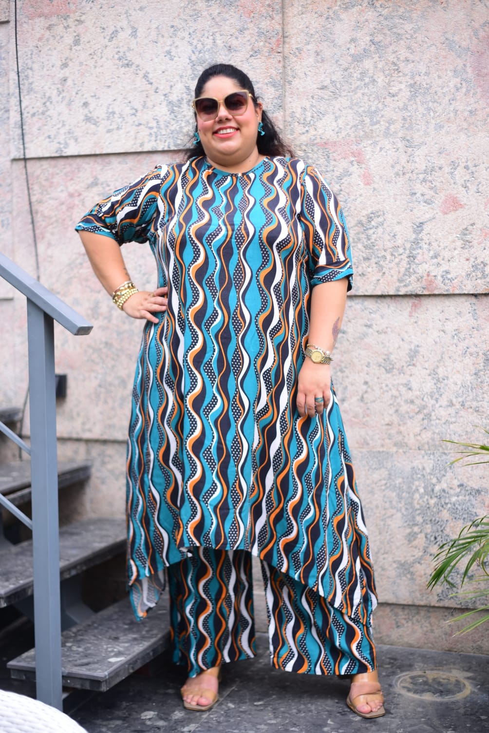 Teal Wavy C-Cut Cotton Coord Set