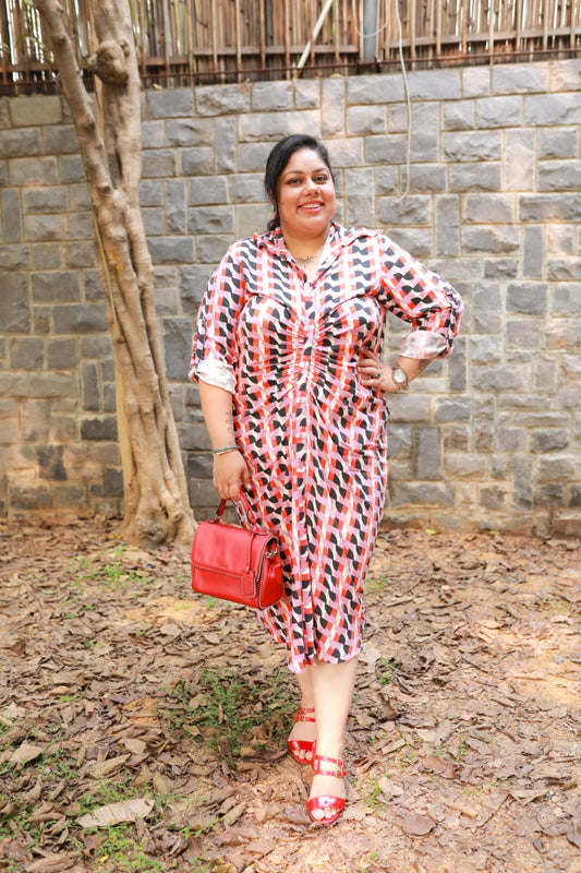 Red & Black Geometric Printed Ruched Dress – Cotton Button-Down Midi Dress for Women