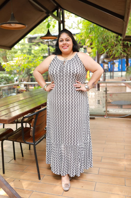 Fossil Grey Schiffli Lycra Maxi Dress – Stretchable Crochet Style Dress with Frill Hem