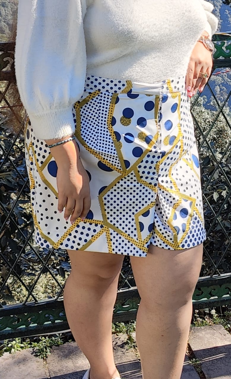 Blue & Yellow Polka Dot Lycra Blend Wrap Style Skorts