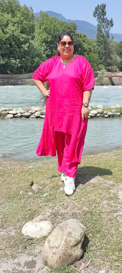 Magenta Hi-Low Kaftan Co-ord Set Relaxed Cotton Kurta & Palazzo