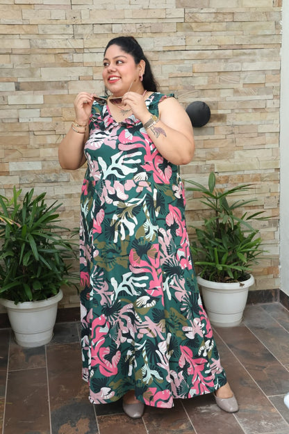 Tropical Ella Maxi Dress Cotton Flared Dress with Ruffle Neckline