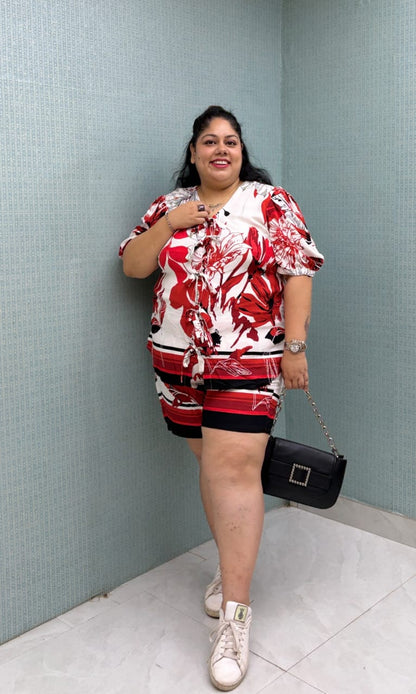 Red & White Floral TieUp CoOrd Set
