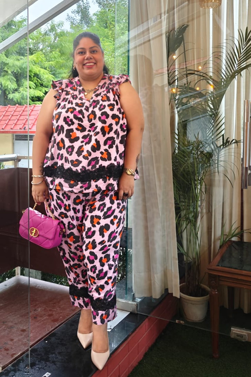Pink Leopard Print Cotton Coord Set for Women – Lace Detail Top & Pants Set