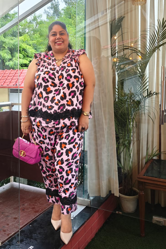 Pink Leopard Print Cotton Coord Set for Women – Lace Detail Top & Pants Set
