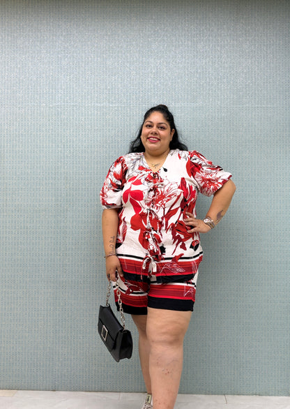 Red & White Floral TieUp CoOrd Set