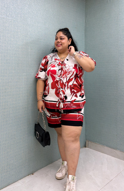 Red & White Floral TieUp CoOrd Set
