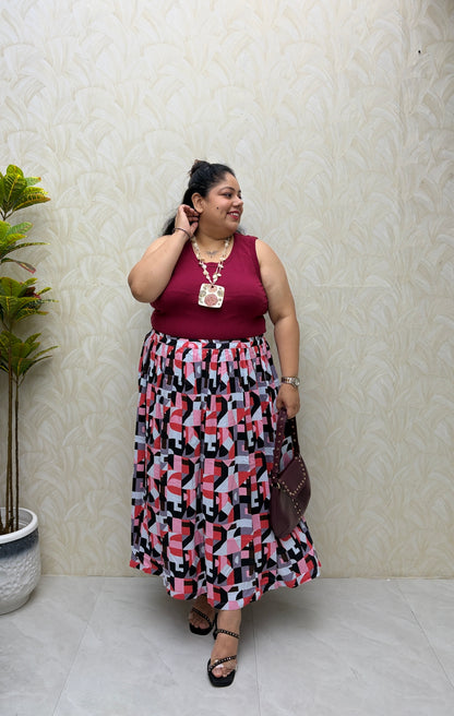 Red Black Geometric Printed Skirt