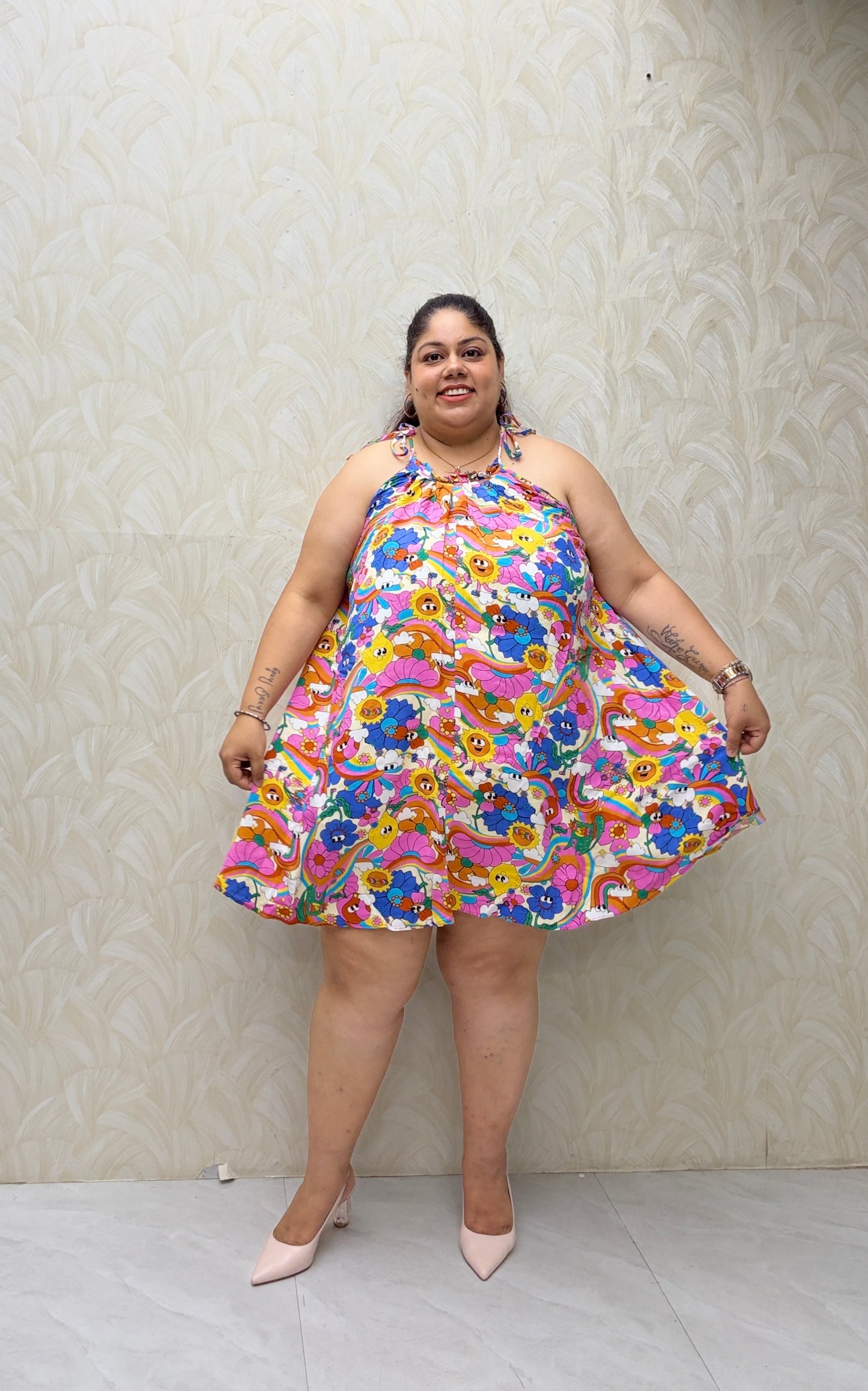 Cartoon Print Flared Cotton Tie-Up Mini Dress