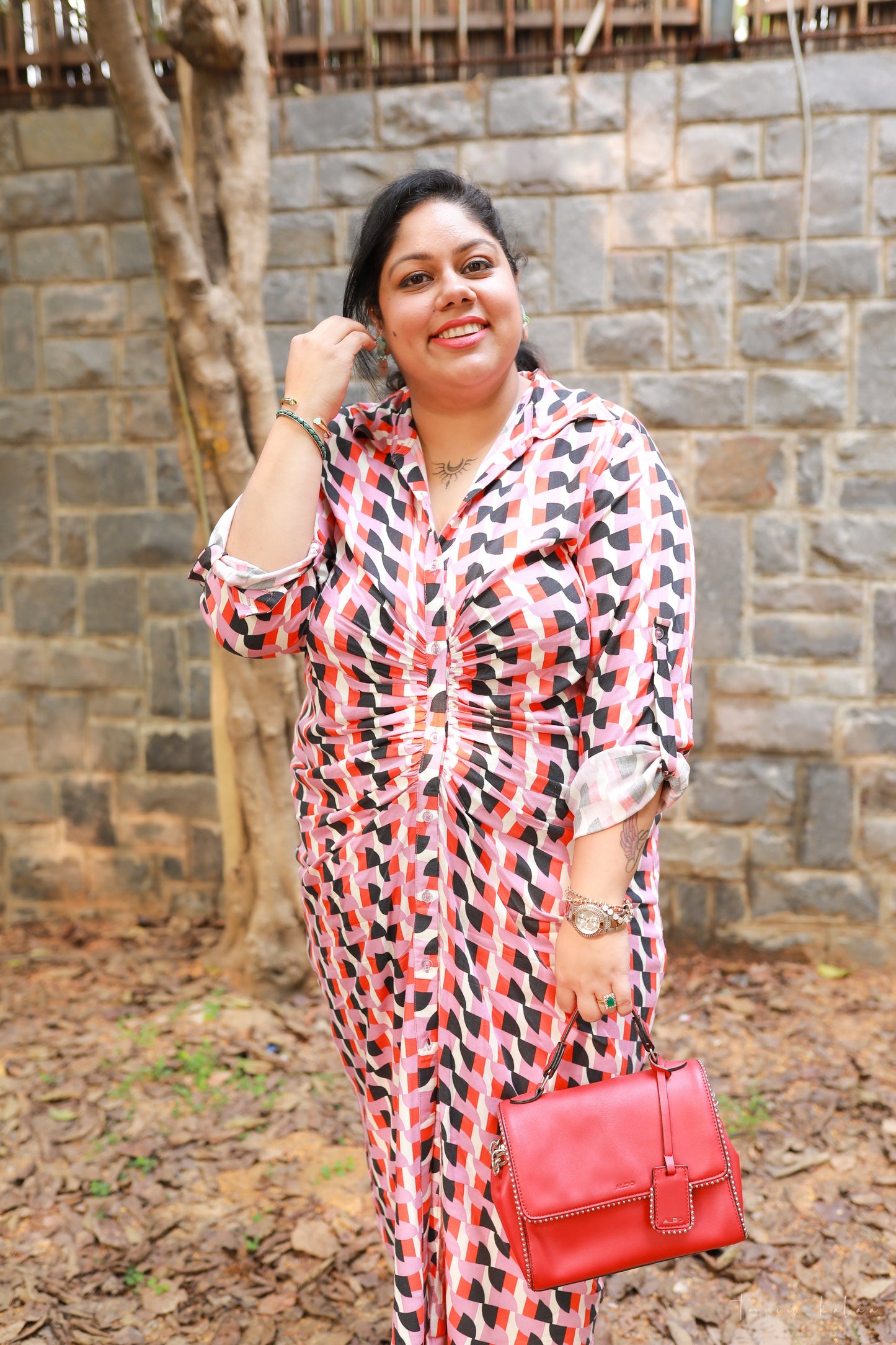 Red and Black Geometric Printed Ruched Dress